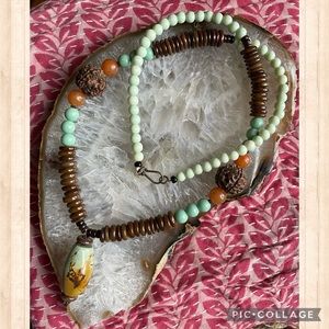 Handmade turquoise, seashell, quartz & ceramic boho necklace